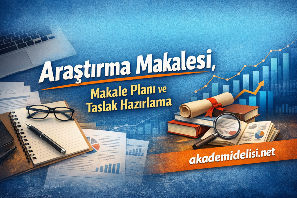 Turkish banner about research article planning: 'Araştırma Makalesi, Makale Planı ve Taslak Hazırlama' with books, notebook, glasses and charts in a blue background. Akademidelisi.net is visible.