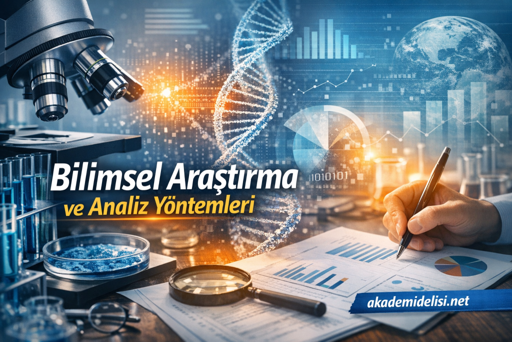 Laboratory collage with a microscope, DNA helix and data charts alongside a hand writing on graphs; Turkish title 'Bilimsel Araştırma ve Analiz Yöntemleri'.