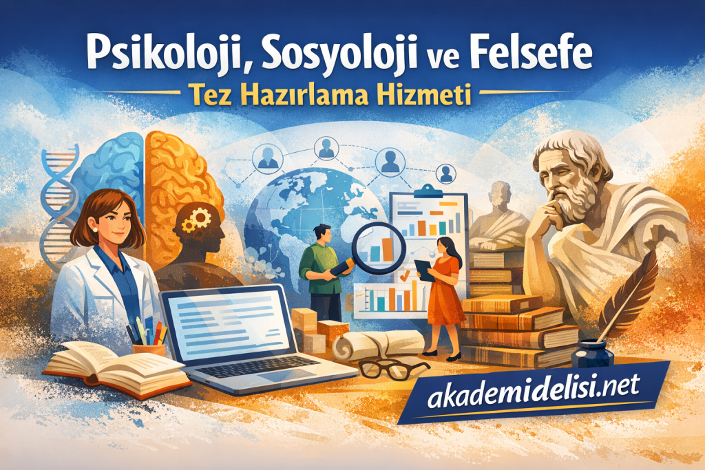 Promotional banner for psychology, sociology, and philosophy thesis service featuring brains, DNA, globe, charts, books, and a laptop inside an academic collage.