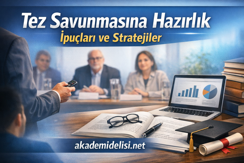 Banner promoting thesis defense preparation tips and strategies with a laptop, books, and a meeting scene in the background.