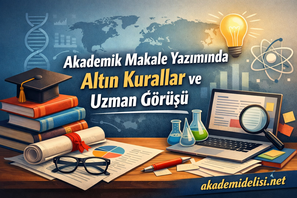 Akademik Makale Yazımında Altın Kurallar ve Uzman Görüşü - Akademi Delisi (Tez Yaptırma) Turkish banner promoting academic writing tips with a graduation cap, diploma, glasses, books, laptop, beakers, and a lightbulb symbolizing ideas.