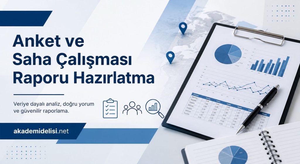 Anket ve saha çalışması raporu hazırlamaya yönelik grafiklerle dolu bir belge üzerinde büyük başlıklar.