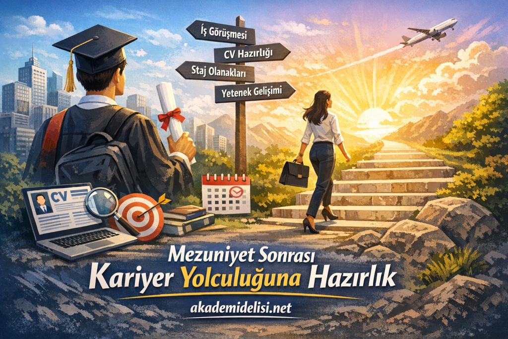 Illustration promoting post-graduation career prep: a graduate with a diploma, laptop showing a CV, and signposts for interviews, internships, and skill development as a woman walks toward a sunrise horizon.