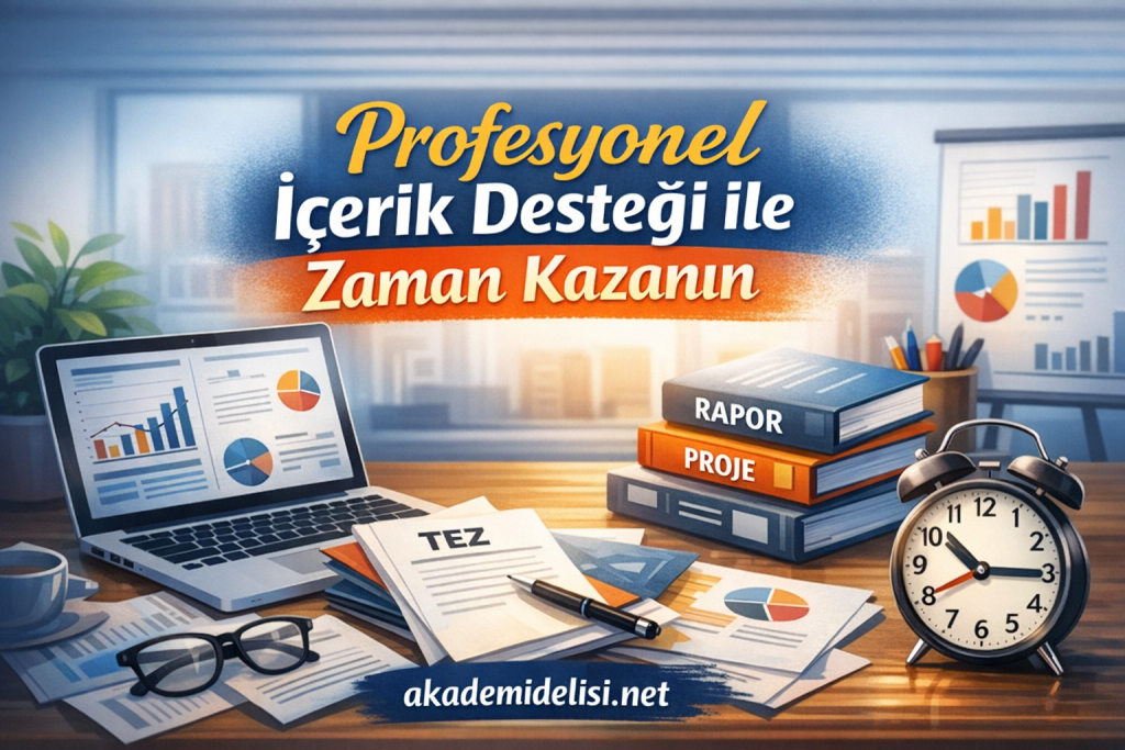 Turkish promo banner for akademidelisi.net showing a desk with laptop charts, TEZ sheet, books labeled RAPOR and PROJE, glasses, and a clock.