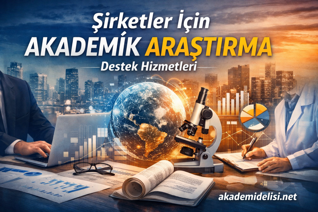 Şirketler için akademik araştırma destek hizmetlerini tanıtan afiş; dünya küresi, mikroskop ve veri grafikleriyle dolu ofis sahnesi.