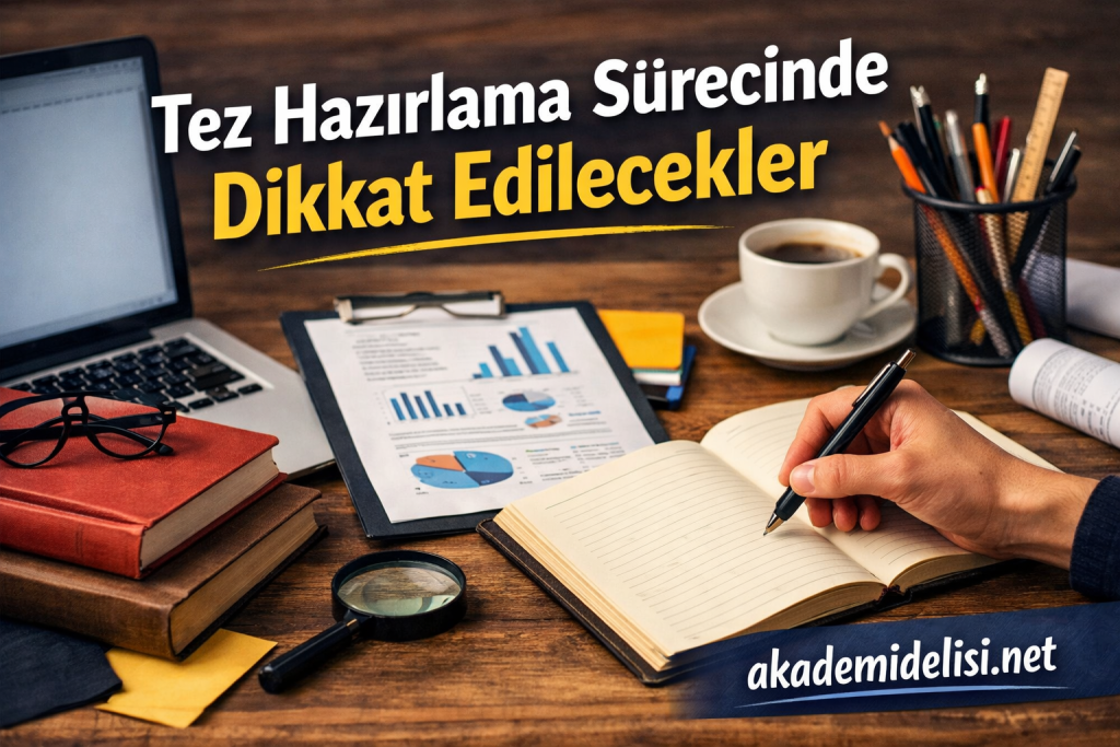 Tez Hazırlama Sürecinde Dikkat Edilecekler başlığıyla çalışma masası: laptop, grafikler, not defteri, kahve ve kalemler.