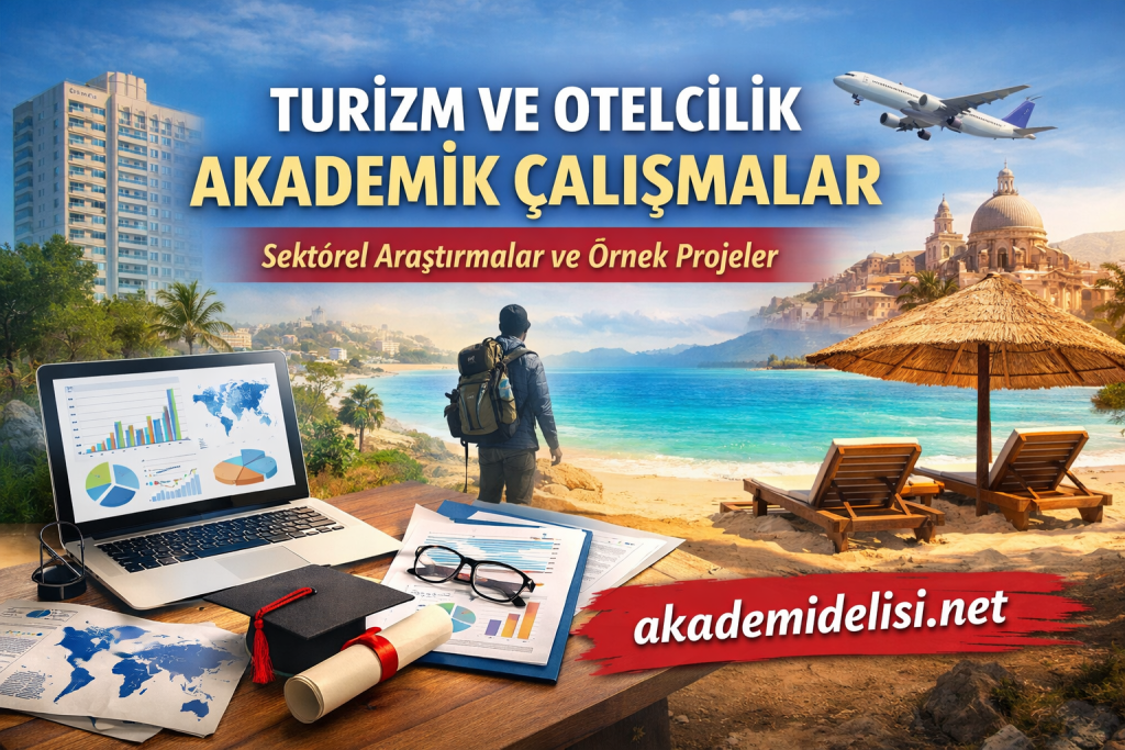 Turizm ve Otelcilik Akademik Çalışmalar afişi: masa üstünde laptopla grafikler, mezuniyet şapkası ve plaj manzarasıyla seyahat teması
