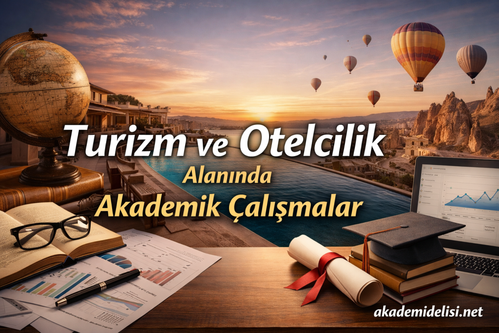 Banner for academic studies in tourism and hospitality: sunset over a pool, globe, glasses, charts, diploma scroll, and a laptop.