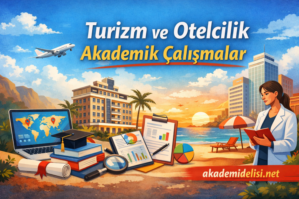 Colorful poster promoting tourism and hospitality studies with a beach cityscape, student in white coat, and academic tools such as books and laptop.
