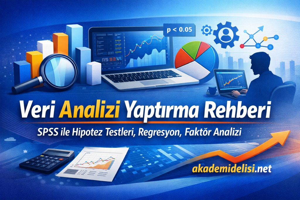 Turkish banner: 'Veri Analizi Yaptırma Rehberi' with charts, laptop, and magnifying glass; site akademidelisi.net in blue tones.