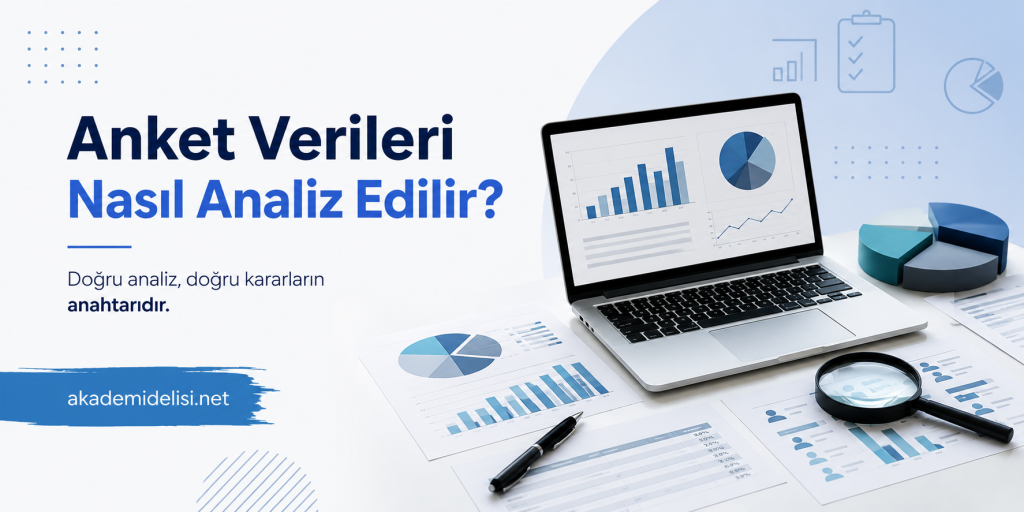 Başlık 'Anket Verileri Nasıl Analiz Edilir?' ile analize odaklanan masaüstünde laptop ve grafiklerle görsel anlam iletimi sağlar.