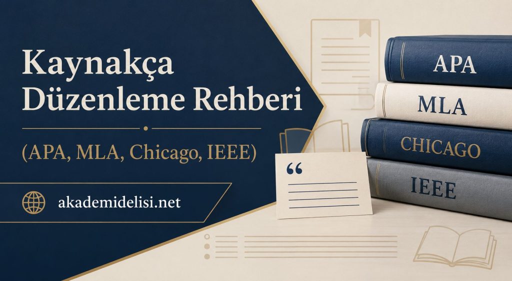 Kaynakça Düzenleme Rehberi APA MLA Chicago IEEE - Akademi Delisi (Tez Yaptırma) Turkish banner promoting a citation style guide: Kaynakça Düzenleme Rehberi (APA, MLA, Chicago, IEEE) beside stacked books and a note card.