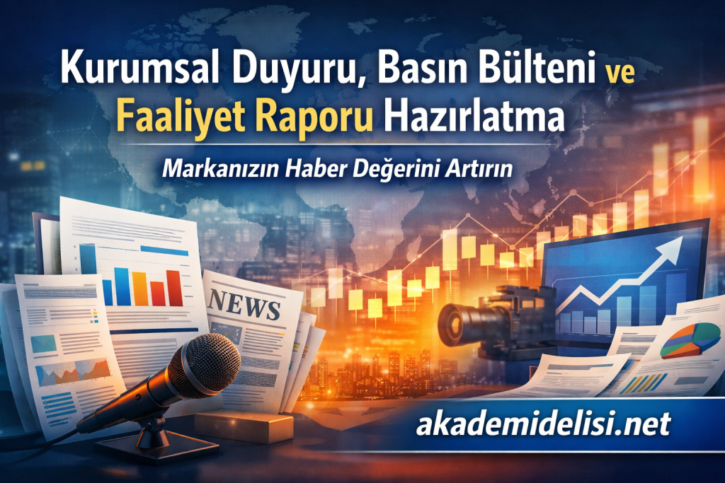 Banner promoting corporate announcements and report preparation with charts, papers, microphone, and camera contrast against a city skyline (akademidelisi.net).