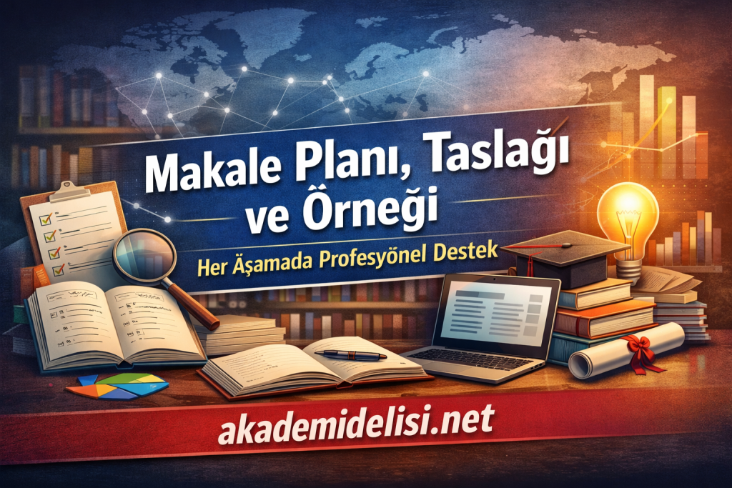 Poster promoting article planning with Turkish text: 'Makale Planı, Taslağı ve Örneği' and 'Her Aşamada Profesyonel Destek' on a blue banner with books, laptop, globe, light bulb, and graduation cap; site name akademidelisi.net.