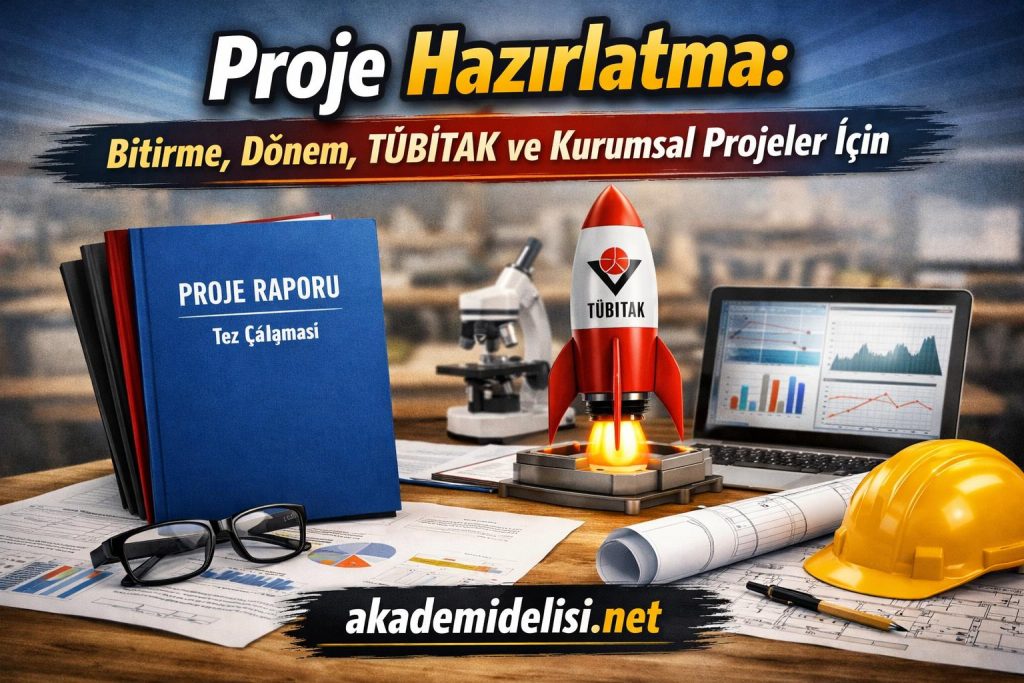 Promotional banner for project preparation with a rocket model, research gear, and a laptop on a desk, in Turkish text above.