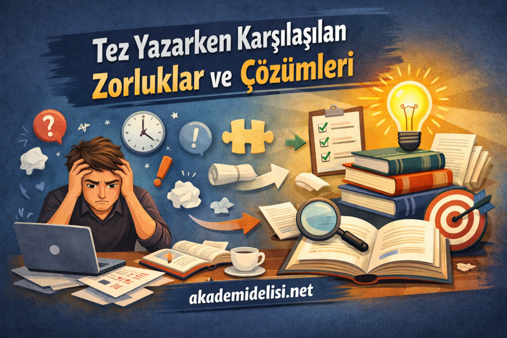 Stressed student at a cluttered desk with a laptop, open books, and scattered papers, surrounded by clocks, crumpled paper, and a glowing light bulb.