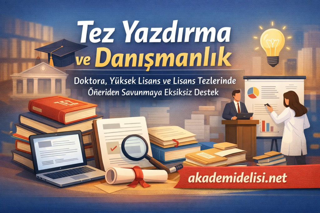 Turkish promotional banner for thesis writing and consultancy with books, laptop, magnifying glass, and presenters; shows akademidelisi.net