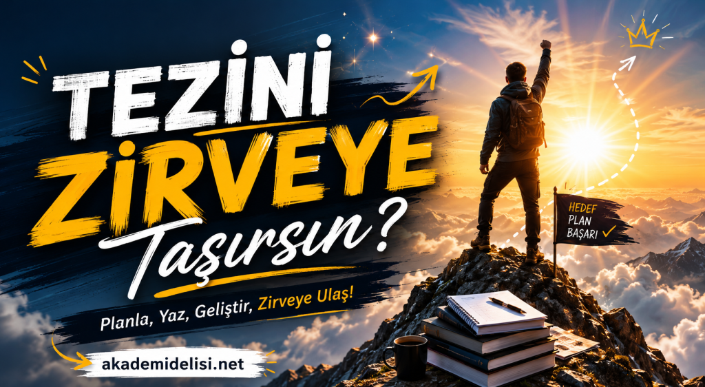 Uludağ zirvesinde elini gökyüzüne uzatan öğrenciyle, başarı hedefini anlatan kampanya banneri; 'Tezini Zirveye Taşısın?' yazısı öne çıkıyor ve akademidelisi.net vurgu yapıyor.