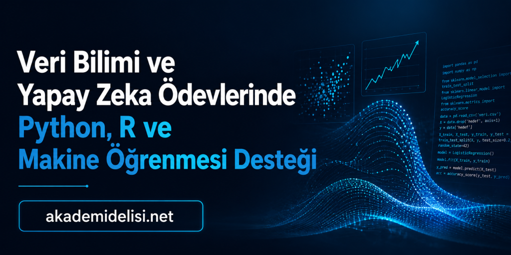 Banner about data science and AI homework help in Python, R, and machine learning with a blue tech design. Website: akademidelisi.net