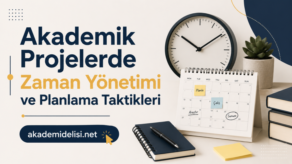 Banner about academic project time management and planning tactics, with a calendar, clock, notebook, and plant; promotes akademidelisi.net.