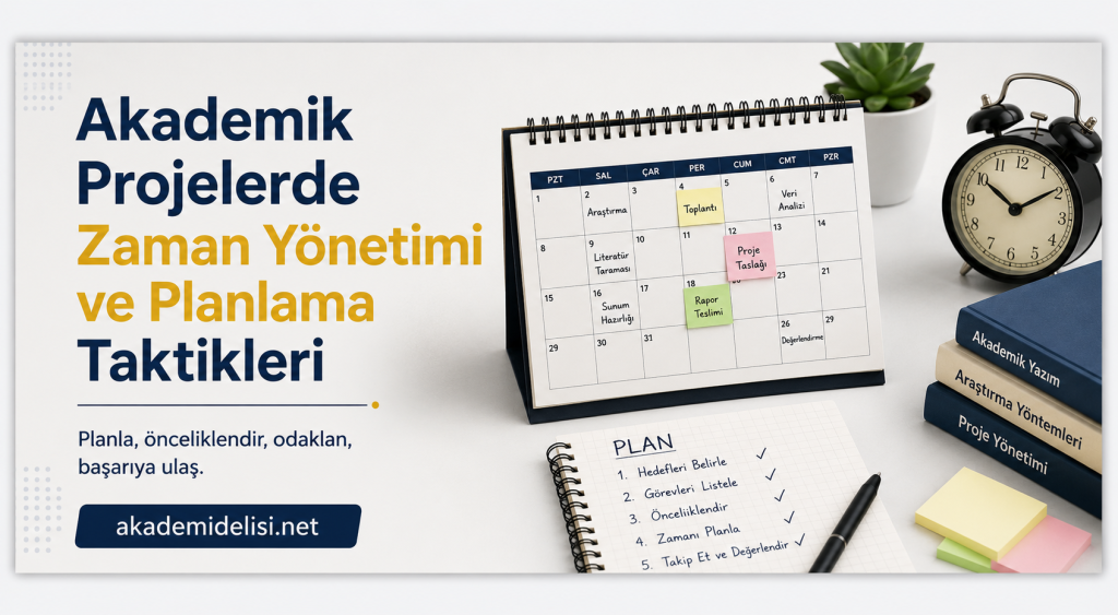 Turkish banner about academic projects showing a calendar, clock, notebooks and books with 'akademi delisi.net' URL for time management and planning tactics.