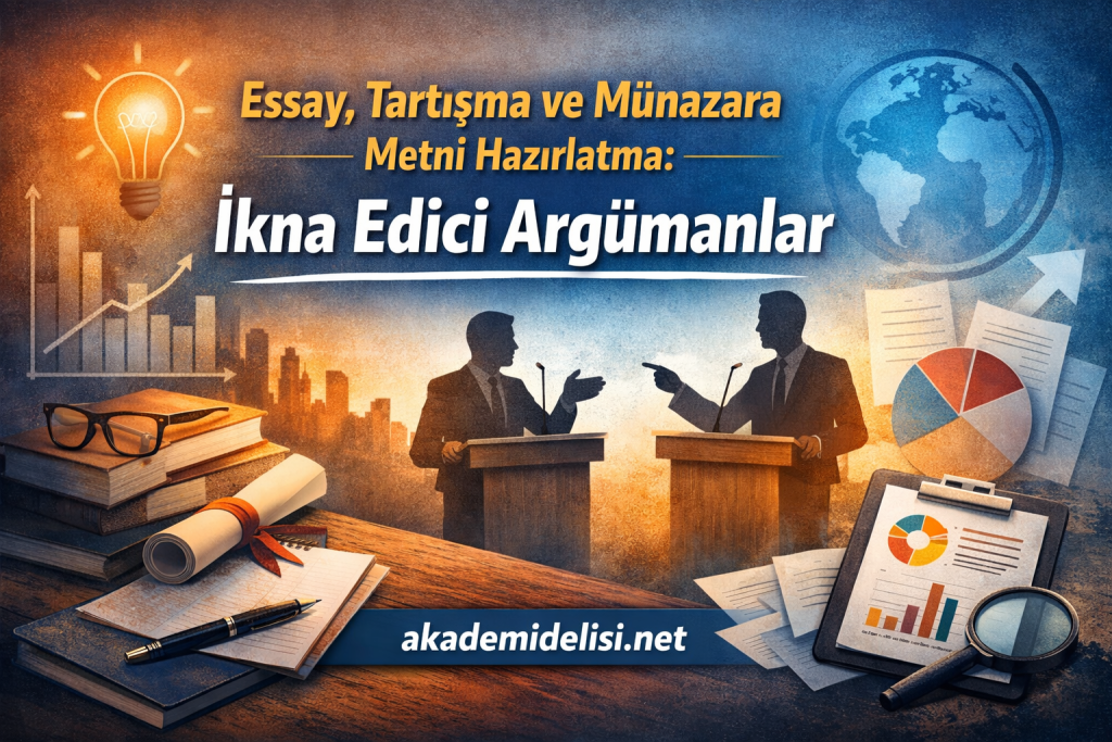 Essay Tartışma ve Münazara Metni Hazırlatma - Akademi Delisi (Tez Yaptırma) Two silhouetted speakers debate at podiums with graphs and a globe in a blue-orange backdrop, surrounded by study materials.