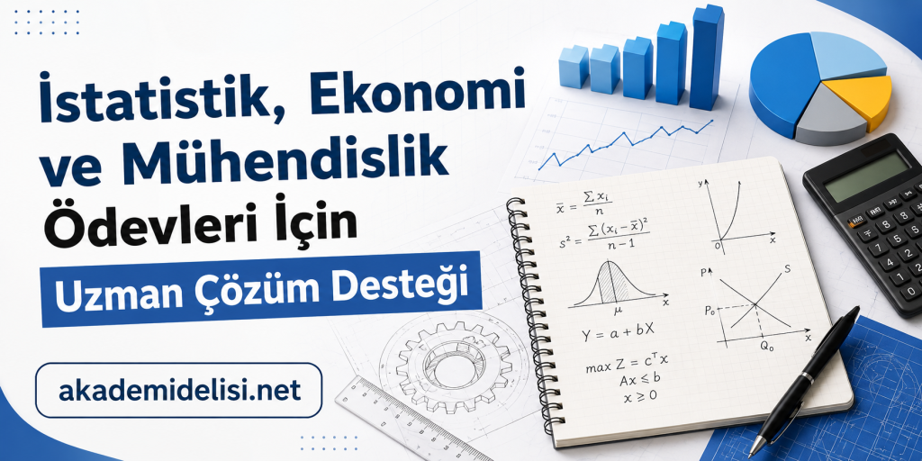 İstatistik - Akademi Delisi (Tez Yaptırma) Promotional banner offering expert homework help in statistics, economics and engineering, with notebooks, charts, and the site akademidelisi.net.