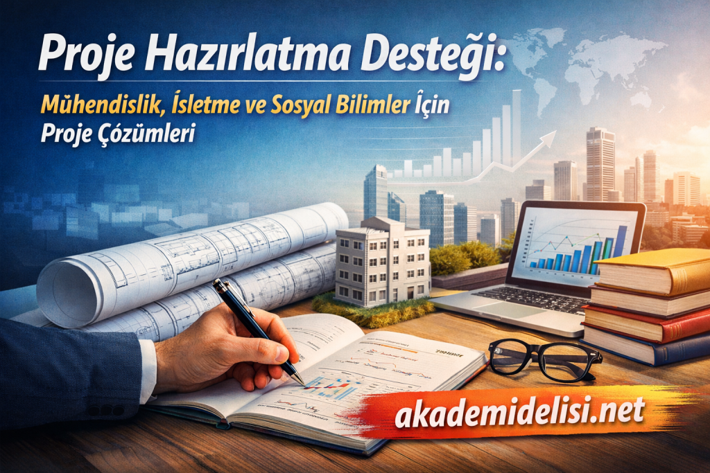 Banner for project preparation support (engineering, business, social sciences) with blueprints, a model building, notebook, laptop graphs, and books; akamedilisi.net text visible.