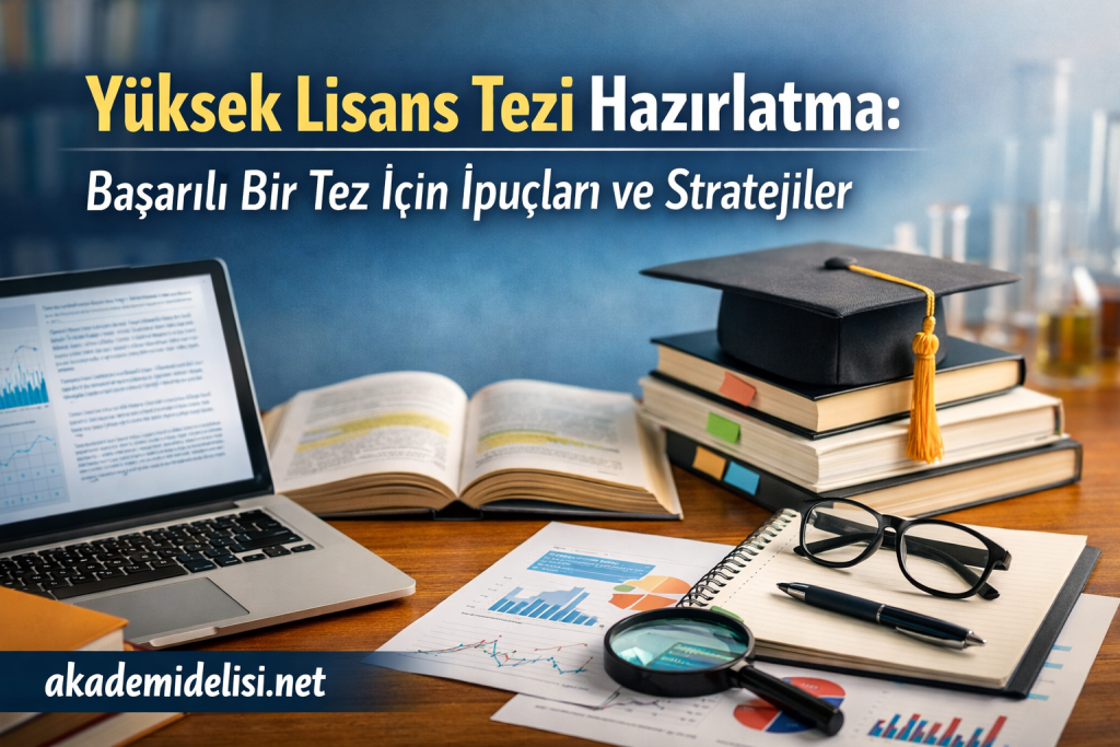 Turkish banner about preparing a master’s thesis, with a cap, books, laptop and charts on a desk.