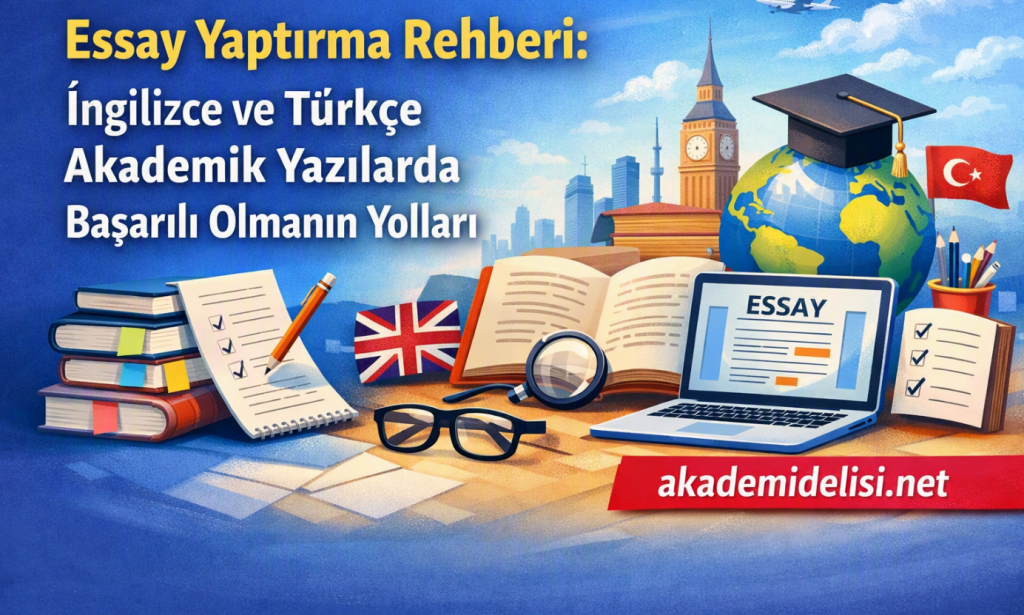 Turkish-English academic writing guide banner with globe, graduation cap, books, and a laptop showing 'ESSAY' next to flags and 'academidelisi.net'
