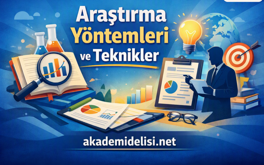 Colorful banner about research methods and techniques with books, charts, magnifying glass, light bulb, globe, and a business presenter; shows akademidelisi.net text.