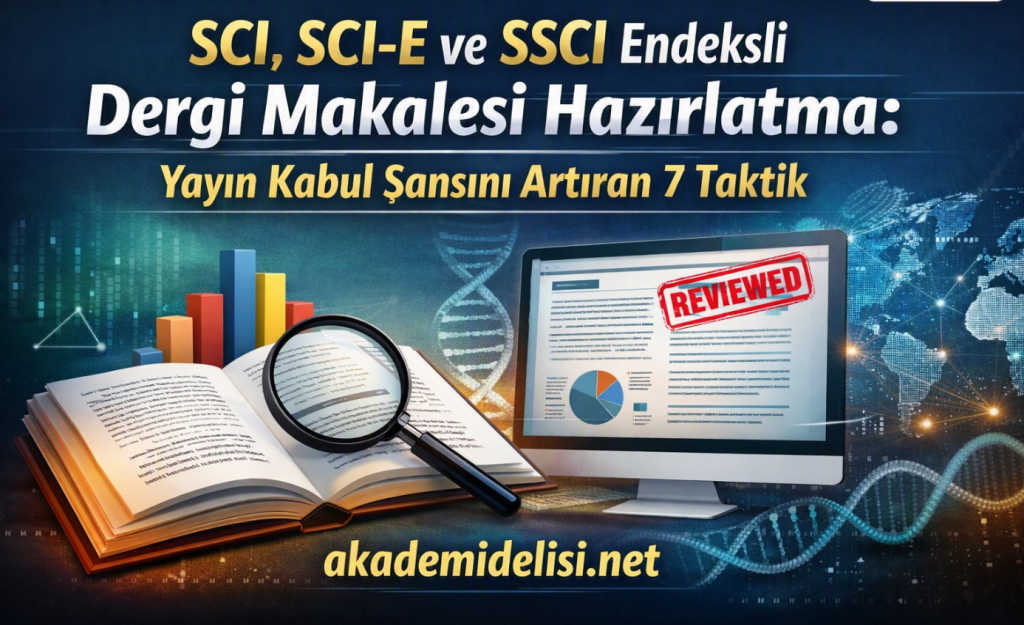 Turkish banner about seven tactics to prepare SCI/SCIE/SSCI journal articles, showing a magnifying glass over an open book and a computer with a 'REVIEWED' stamp.