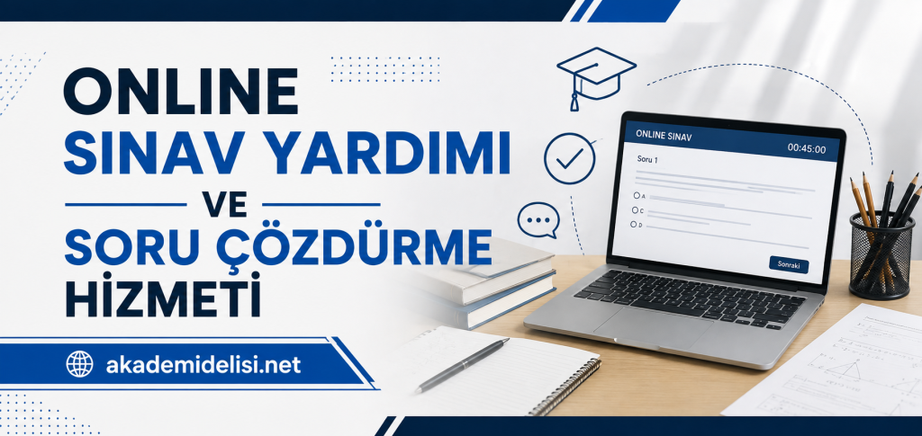 Banner promoting online exam help and question solving service from akademidelisi.net, with a laptop and study materials on a desk.