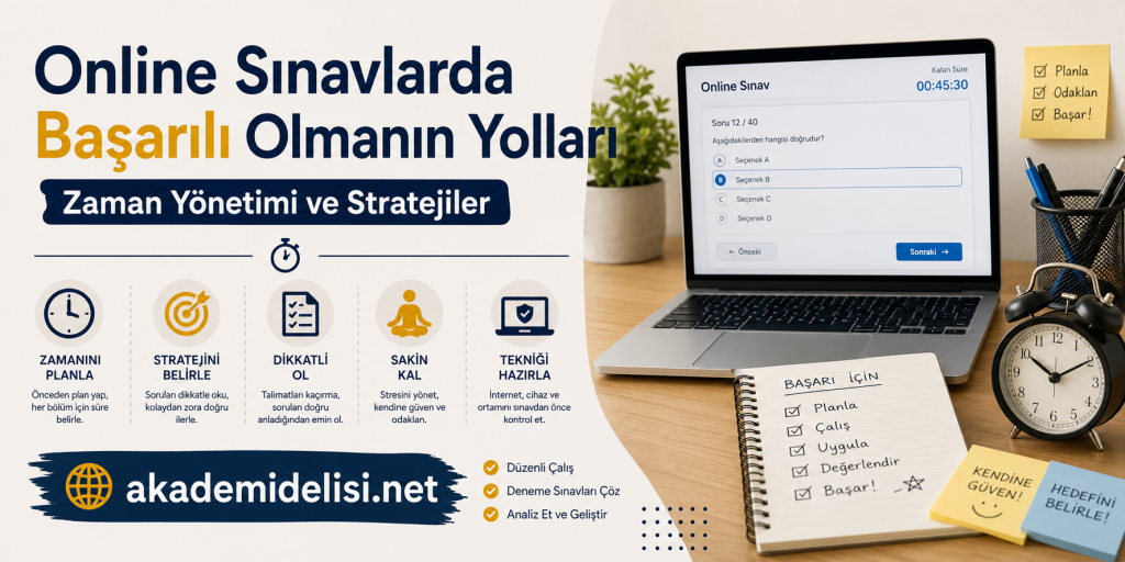 Poster promoting online exam success paths with Turkish title and study tips (akademidelisi.net).