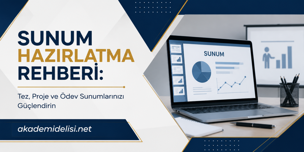 Turkish banner for 'Sunum Hazırlatma Rehberi' with a laptop showing charts; visit akademidelisi.net.