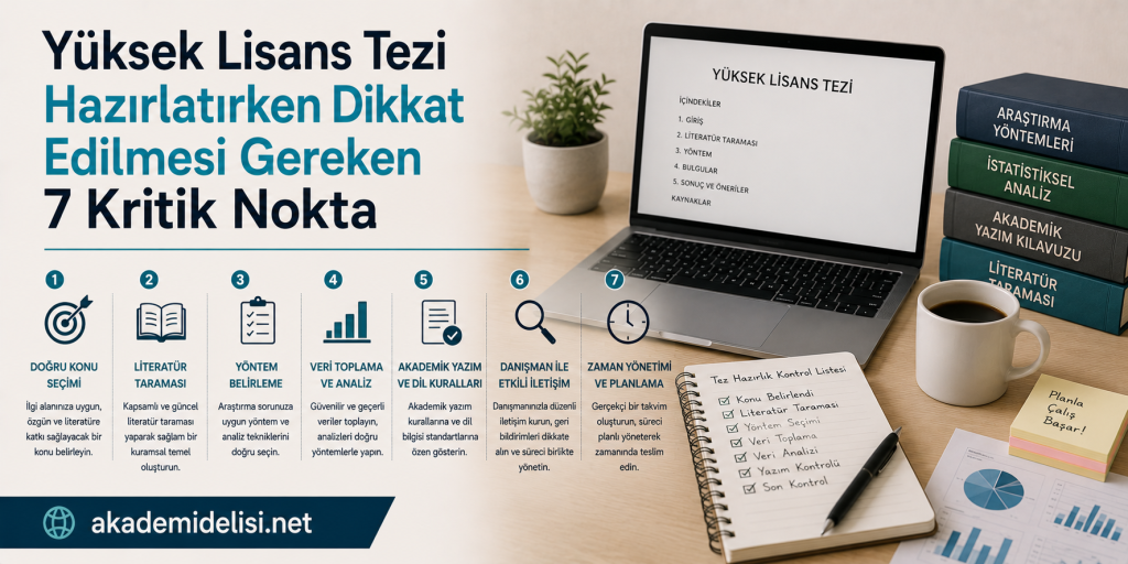 Turkish infographic: 7 critical points for master's thesis preparation, with icons 1–6 and a laptop on a desk.