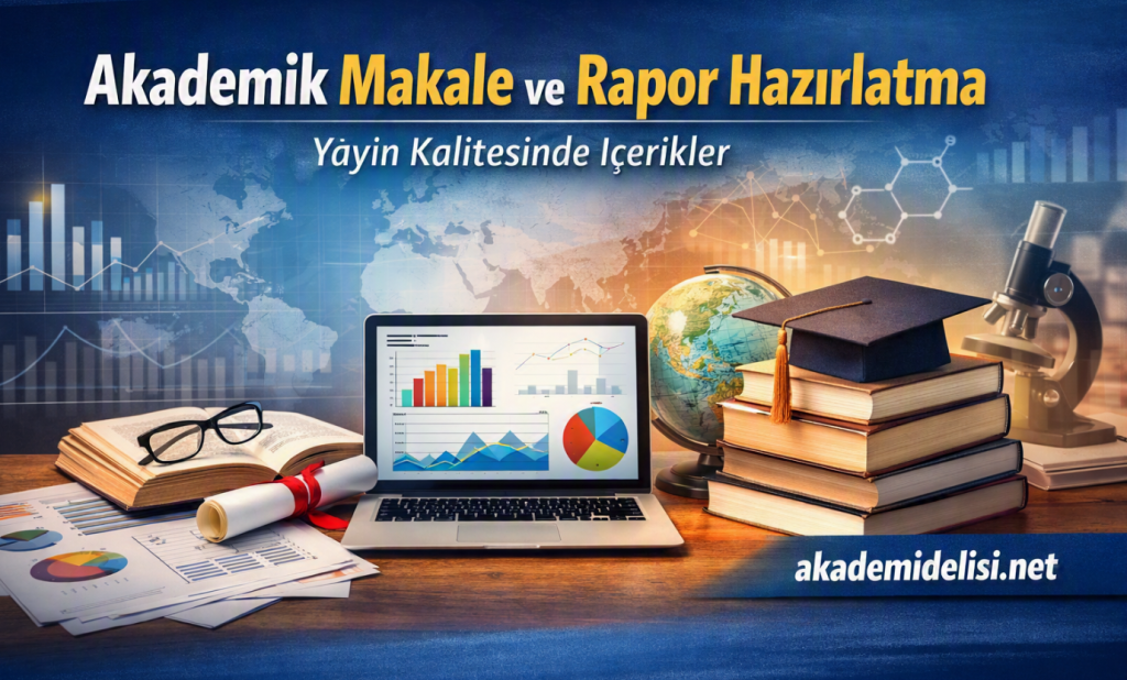 Akademik Makale ve Rapor Hazırlatma başlıklı banner; laptop ekranında grafikler, kitaplar, diploma, dünya küresi ve mikroskopla öğrenim ortamı.